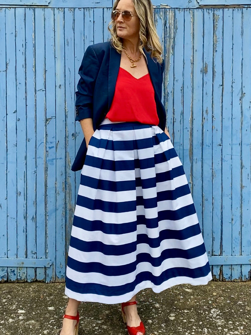 'Diane' full volume skirt in Navy/White stripe